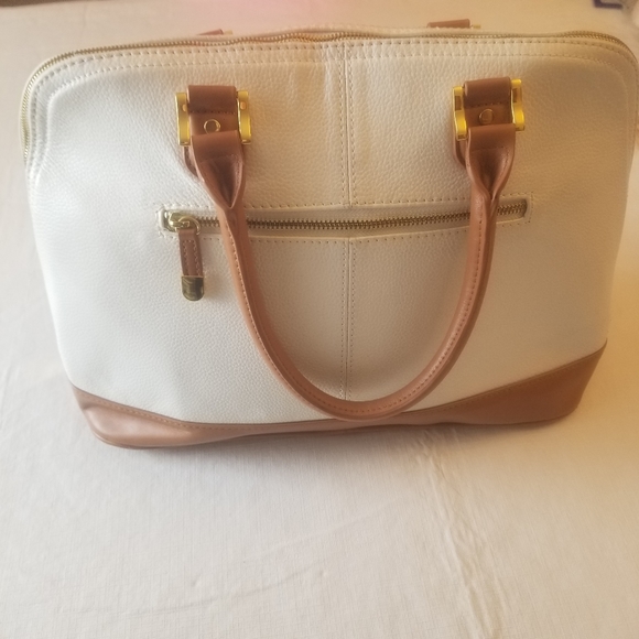 Joy & Iman Leather Timeless Chic Leading Lady Satchel Bag White and Tan Two Tone - Picture 5 of 14